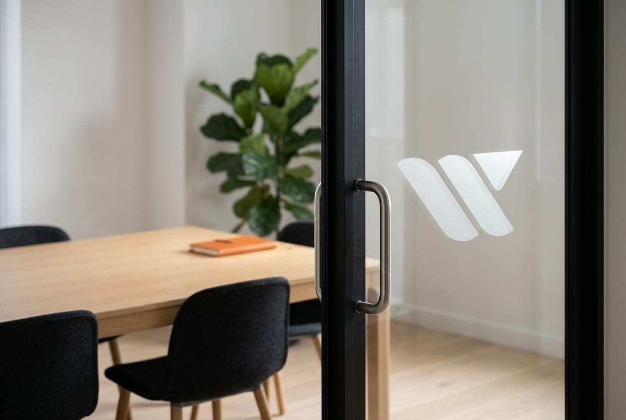Mødelokale med lyst træbord, sorte stole, en plante og Webworq-logo på glasdøren