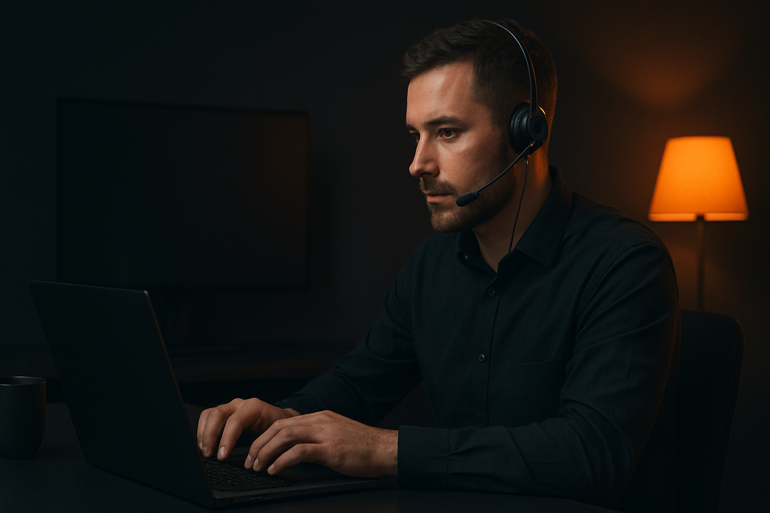 webworq-supportaftale Mandlig Webworq IT-supporter med headset arbejder koncentreret ved en bærbar computer i et dæmpet kontormiljø med varm belysning – symboliserer professionel og pålidelig WordPress support.